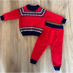 Vintage Boys Knit sweater pant set Red Blue Nautical 3T